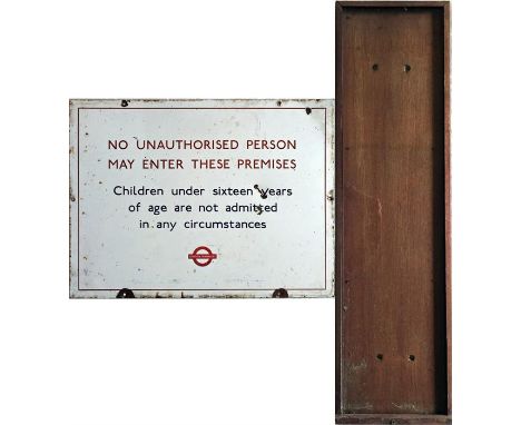 A London Transport enamel BUS GARAGE SIGN 'No unauthorised person.....Children under 16....' etc as fixed in the 1950s/60s to