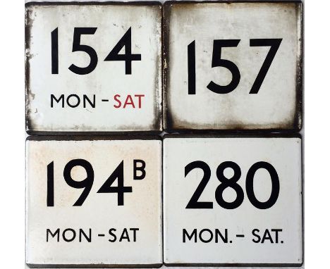 London Transport bus stop enamel E-PLATES for routes 154 Mon-Sat, 157, 194B Mon-Sat and 280 Mon.-Sat. In ex-bus stop conditio
