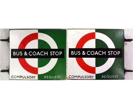 London Transport enamel BUS & COACH STOP FLAG (Bus Compulsory, Coach Request). A double-sided, hollow ''boat'-type sign in th