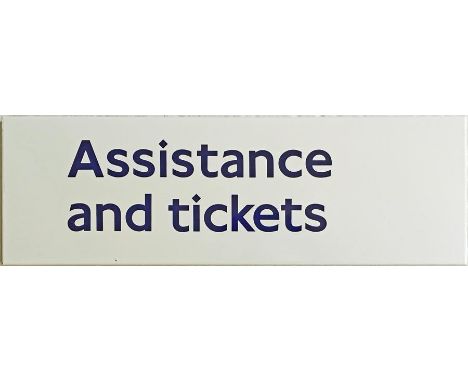 London Underground flanged ENAMEL SIGN 'Assistance and Tickets' from a station ticket office. Estimated 1970s/80s vintage. Me