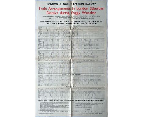 1938 London & North-Eastern Railway (LNER) double royal POSTER regarding the Fog Service entitled 'Train Arrangements in Lond