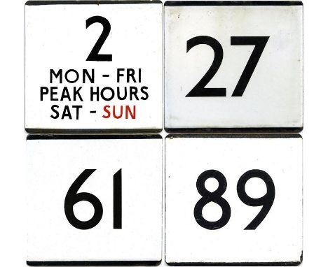 London Transport bus stop enamel E-PLATES for routes 2 Mon-Fri Peak Hours Sat-Sun, 27, 61 and 89. In good, ex-bus stop condit