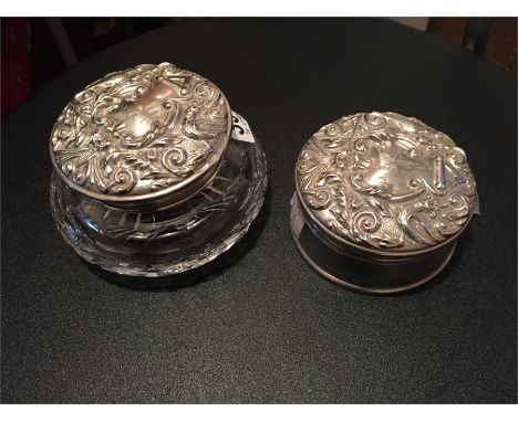 Silver topped box and white metal cut glass jar