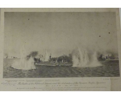 'The Battle of the Falkland Islands December 8, 1914',  signed print after H A Yockney  38cm x 54cm