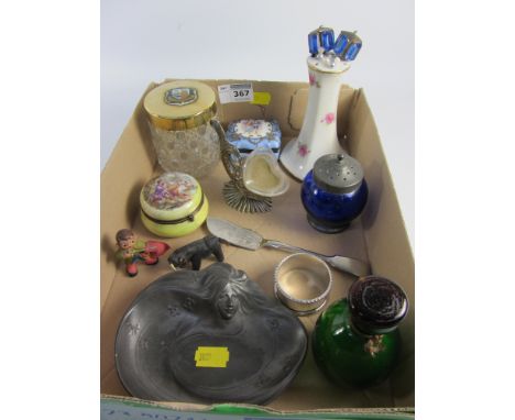 Trinket boxes, scent bottles, Scarborough crested dressing table jar, Art Nouveau pewter dish etc