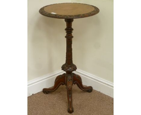 Late Victorian carved rosewood circular wine table on tripod base, D43cm, H72cm