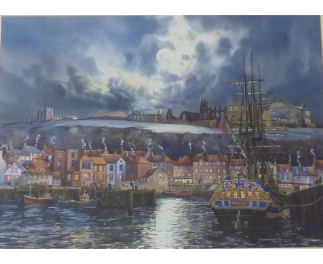 'Grand Turk Whitby by Moonlight', John Freeman limited edition colour print signed dated 2008 and numbered 39/850. 39cm x 53c