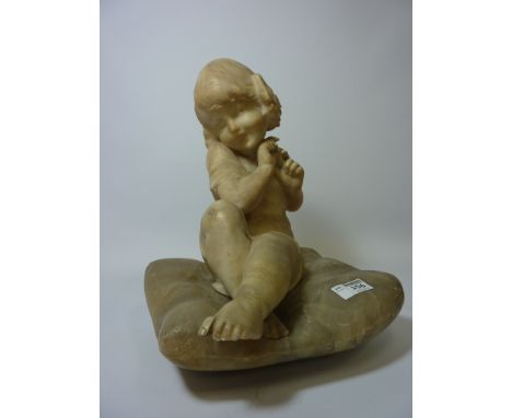 19th/ 20th century Italian alabaster study of a young girl sitting on a cushion, signed H32.5cm