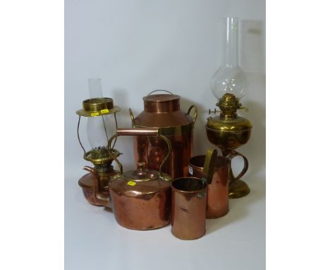 Copper milk churn H35cm, Victorian copper kettle, brass oil lamp and three other items 