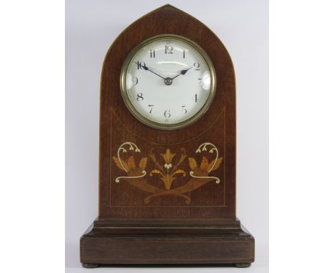 Edwardian inlaid mahogany arch top mantle clock, dial signed, J.H Potter Sheffield, made in France, H31cm