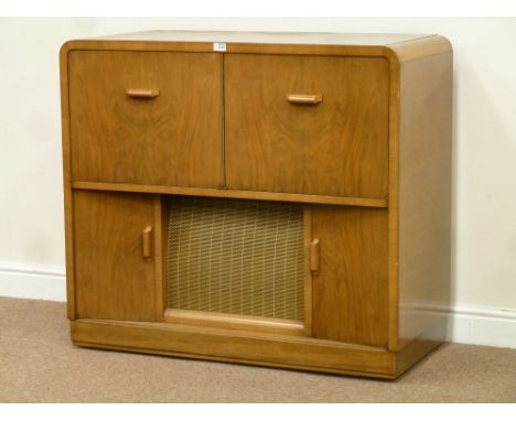 1930s 'His Master's Voice' walnut radiogram, double fall front enclosing turntable and tuner, centre speaker with cupboards e