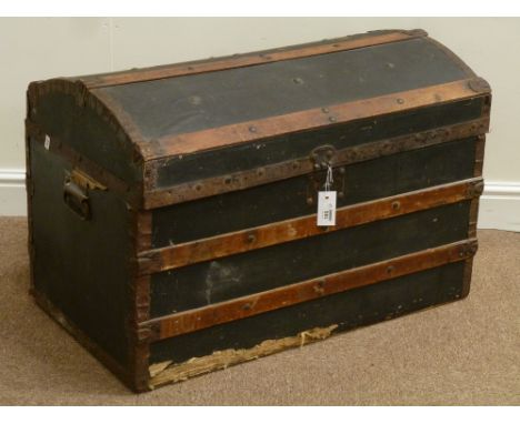 Early 20th century 'E. Morgan' dome top pine and metal bound trunk, hinged lid, W85cm, H56cm, D49cm