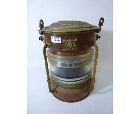 Copper and brass ship's lantern bearing brass plaque 'Seahorse, GB, Trade Mark, 10758' and 'Not Under Command' H36.5cm 