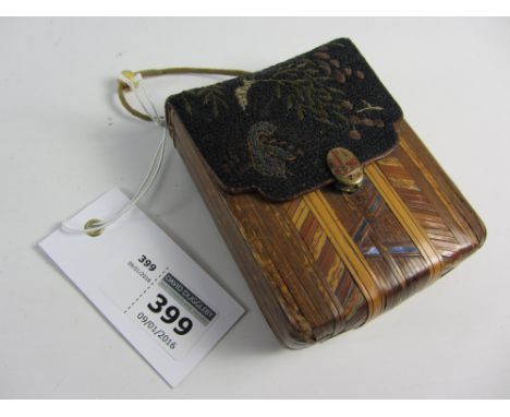 Late 19th century Japanese bamboo belt purse with mother of pearl and embroidered detail