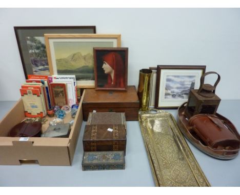 19th century mahogany lap desk, Tunbridge Ware tea caddy,eastern brass tray, railway lamp, carved wood chess set, paperweight