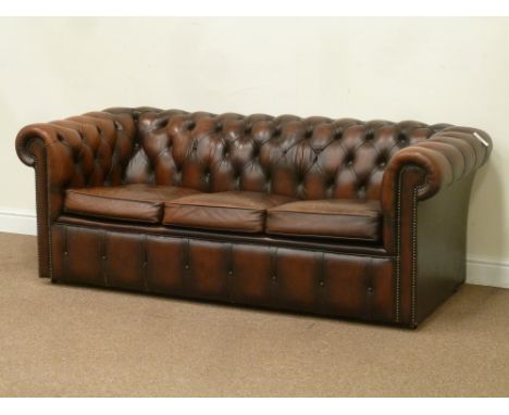 Three seat Chesterfield sofa in brown deeply buttoned leather, W183cm