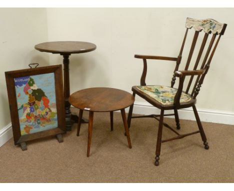 Early 20th century circular pedestal table, early 20th century armchairs, another firescreen with needle work panel and an oa