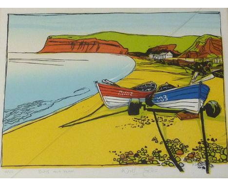'Boats on a Beach', Will Taylor limited edition screen print signed titled and numbered 10/50 in pencil 39cm x 52cm Condition