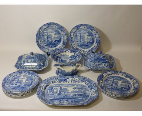 Spode 'Italian' dinner service comprising two tureens, meat plate, gravy boat with stand, salad bowl, six dinner plates, and 