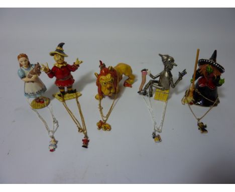 Five 'Wizard of Oz' Hidden Treasures trinket boxes with pendants - 'Dorothy', 'Wicked Witch', 'Scarecrow', 'Cowardly Lion' an
