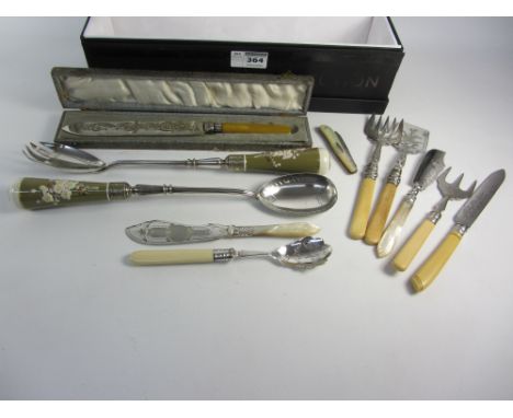 Victorian/Edwardian tableware including hallmarked silver butter knife with mother of pearl handle, similar fruit knife, pair