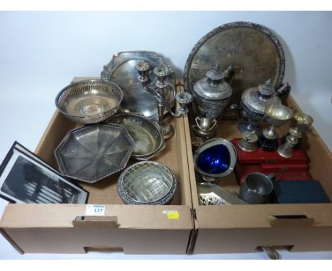 Silver-plated comport, bread board, cased sets of cutlery, hallmarked silver trophies and other silver plate in two boxes 