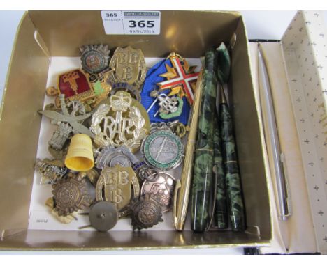 Military badges, buttons, vintage hallmarked silver medals, Wyvern Prefect pen set etc in one box