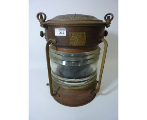Copper and brass ship's lantern bearing brass plaques 'Seahorse, GB, Trade Mark, 10757' and 'Not Under Command' H36.5cm