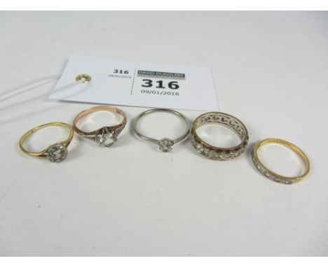 Vintage eternity ring hallmarked 9ct, single stone diamond ring and three dress rings