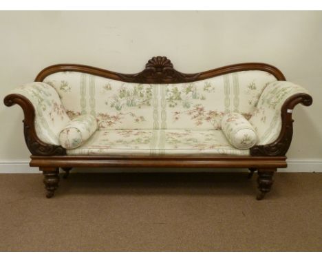 Early Victorian mahogany carved scroll end upholstered three seat sofa, W218cm