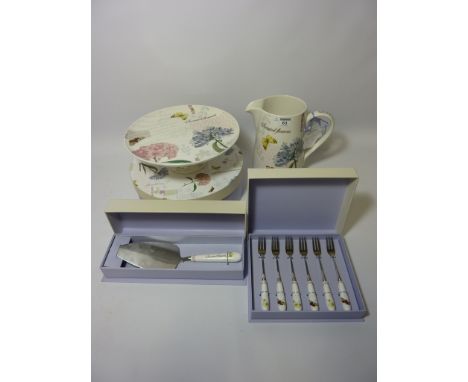 Royal Worcester 'Scented Flowers' jug, cake stand, cake slice and set of six pastry forks 