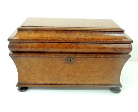A 19th Century mulberry wood tea caddy of sarcophagus form with side ring handles and on four ball supports, containing origi