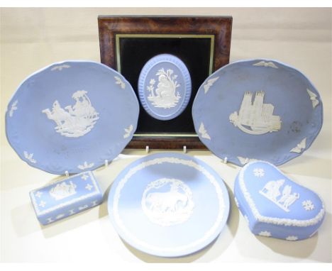 A collection of Wedgwood Jasper ware.  Comprising of trinket boxes, dishes, wall plates and an oval plaque 10cm high, mounted