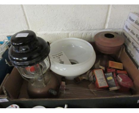 BOX CONTAINING A TILLEY LAMP, OIL LAMP ETC