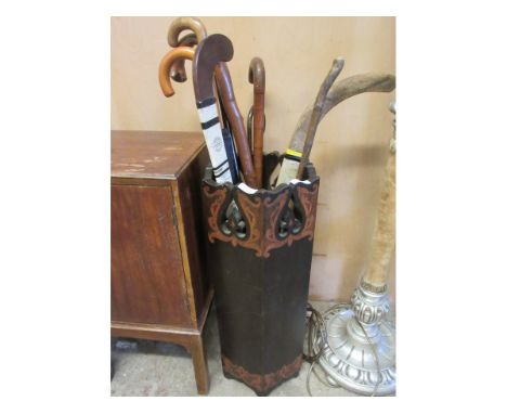 ARTS &amp; CRAFTS TYPE HEXAGONAL FORMED INLAID STICK STAND WITH A QUANTITY OF STICKS TO INCLUDE HOCKEY STICKS ETC