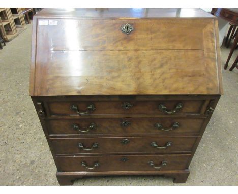 GEORGE III PERIOD MAHOGANY BUREAU, FALL FRONT WITH FITTED INTERIOR OVER FOUR DRAWERS ON BRACKET FEET, 84CM WIDE