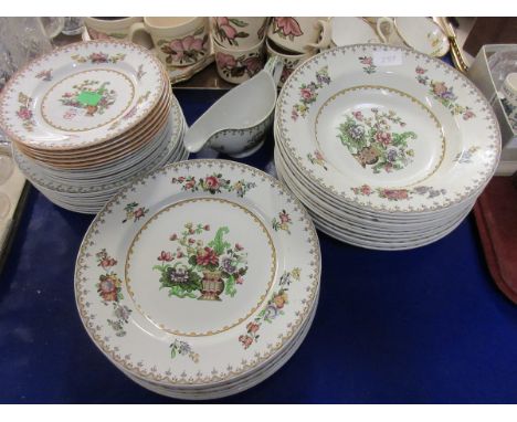 QUANTITY OF SPODE CHINA IN THE PEPLOW PATTERN, COMPRISING DINNER PLATES, SIDE PLATES, SOUP BOWLS AND A GRAVY BOAT, SOME MANUF