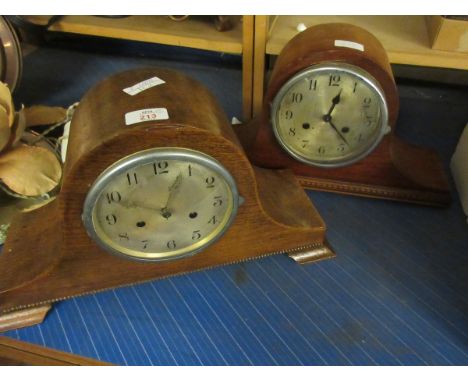 TWO OAK FRAMED NAPOLEON HAT TYPE MANTEL CLOCKS