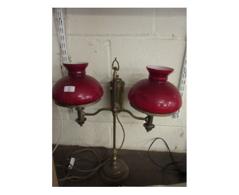VICTORIAN GAS TWO-BRANCH OIL LAMP NOW CONVERTED TO ELECTRICITY, WITH RED SHADES