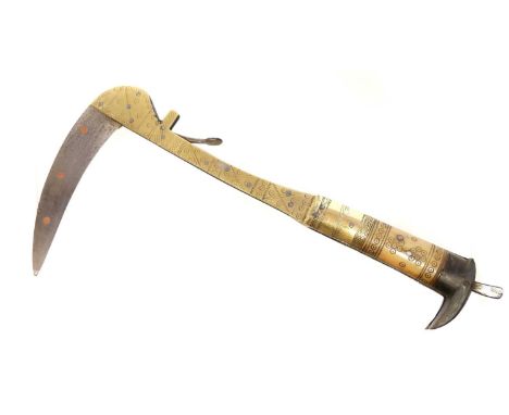 Afghanistan Lohar folding axe, curved steel blade with copper inlays, brass and steel studded body, and horn and bone grip.  