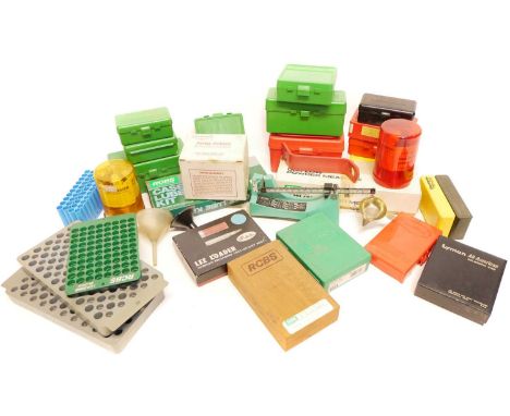 Collection of reloading tools, to include RCBS 505 scales, uniflow powder measure, lube kit, RCBS .270 two die set, competiti
