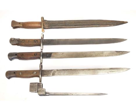 Five British bayonets without scabbards, to includeThree RFI / NWR Indian MkII bayonets dated 43, (originally MkI* then updat