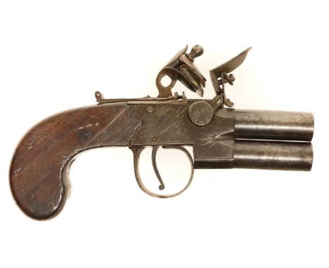 Flintlock over and under pocket pistol by Spencer of London, with turn off 84 bore barrels and tap action fitted with safety 