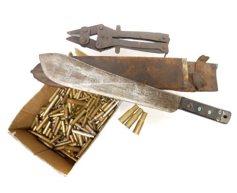 WWII Wire cutters, also a machete and scabbard stamped with broad arrow, 1944 and JJB makers mark and a collection of cases. 