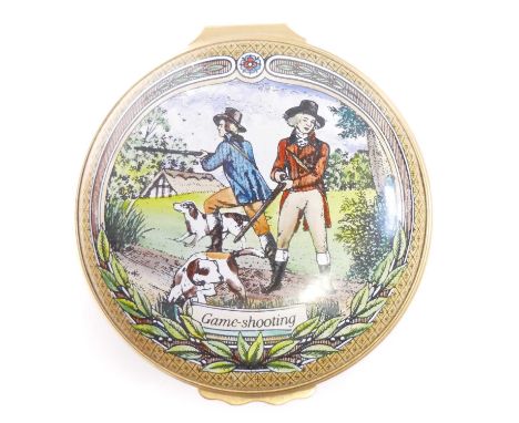 James Purdey Halcyon Days enamel game shooting box, in original card box. 6cm diameter