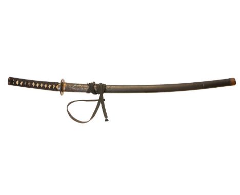 Japanese Wakashi, 52.5cm cutting edge, unmarked tang, iron tsuba decorated with flowers, in laquer scabbard.92cm longConditio