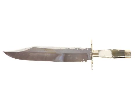 Middleton bowie knife, stamped R. R Middleton Sheffield, with horn grips, presented in a display frame, together with photogr