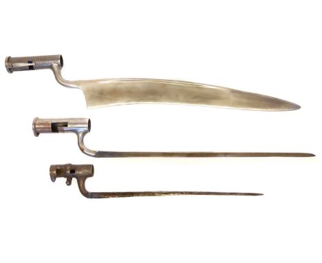 Reproduction Gurkha Kukri socket bayonet, a reproduction brown bess bayonet, also an original socket bayonet for a percussion