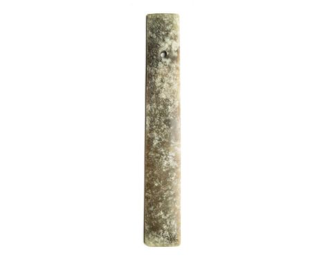 A LARGE CHINESE ARCHAISTIC JADE CEREMONIAL BLADE carved in the Neolithic style, of tapering rectangular shape, pierced to the