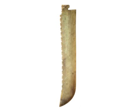 A LARGE CHINESE ARCHAISTIC CEREMONIAL JADE BLADE carved in the Neolithic style, the rectangular slightly tapering blade with 